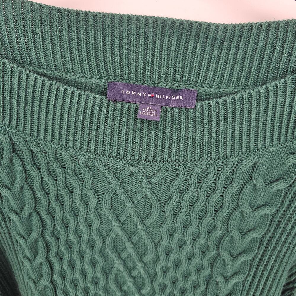 Tommy Hilfiger Green Fisherman Cable Knit Pullover Sweater Dark Academia Preppy - Picture 3 of 7